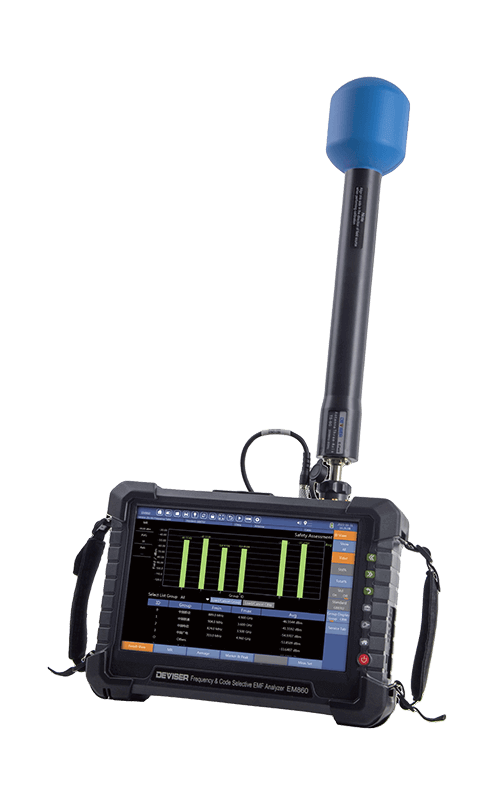 Deviser EM860 Frequency & Code Selective EMF Analyzer, designed for wireless network operators and professionals, offering safety evaluation, spectrum analysis, field strength analysis, and 5G, LTE, and 3G EMF measurements. Suitable for diagnosing and verifying wireless networks in the field.